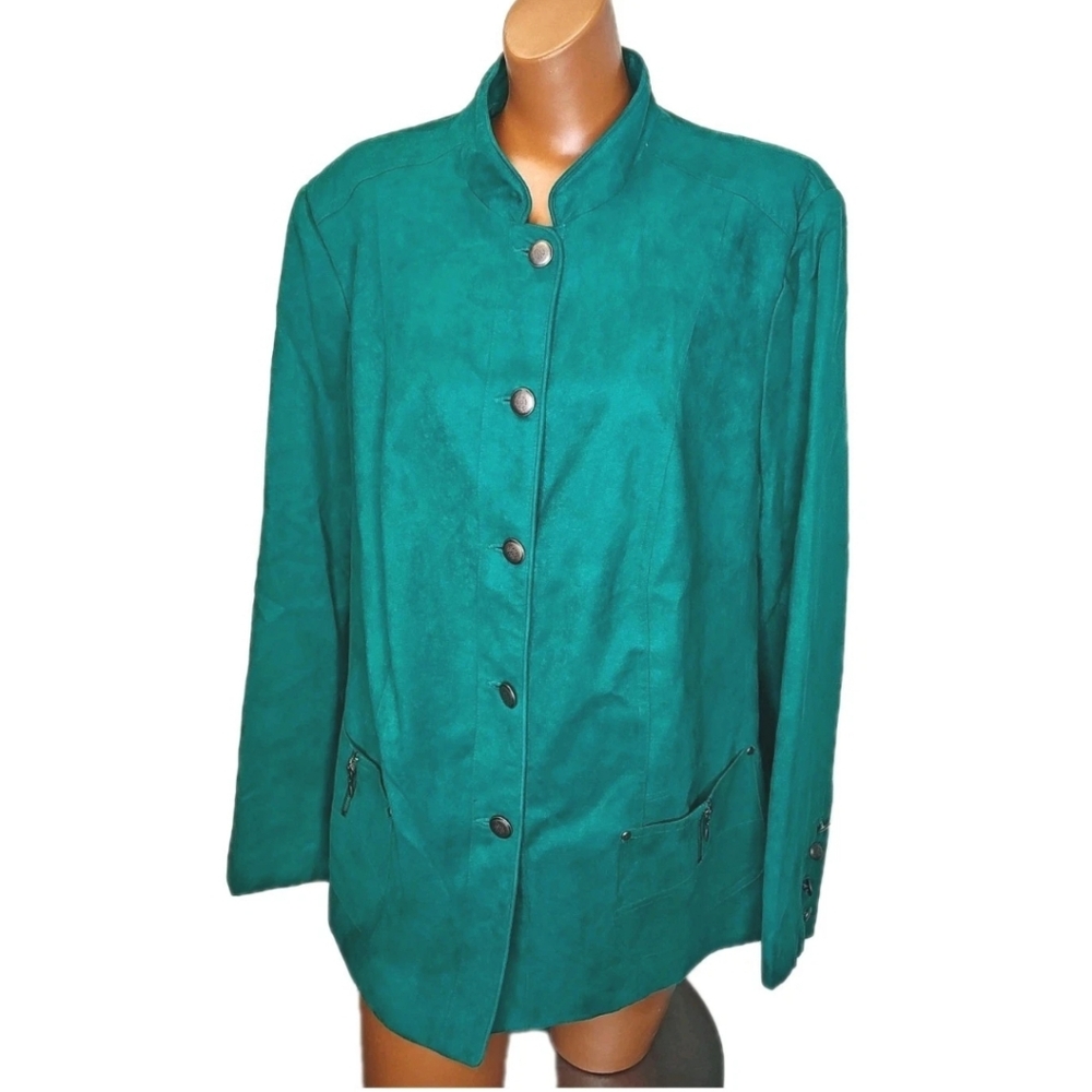 Vtg 80s Zippy Patch Pocket Blazer Jacket 20W Kelly Green Suede Feel Metal Button